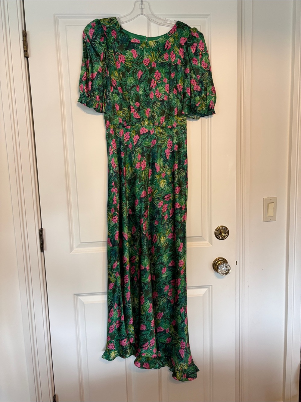 SALONI Green Maxi Dress with Pink Floral Pattern